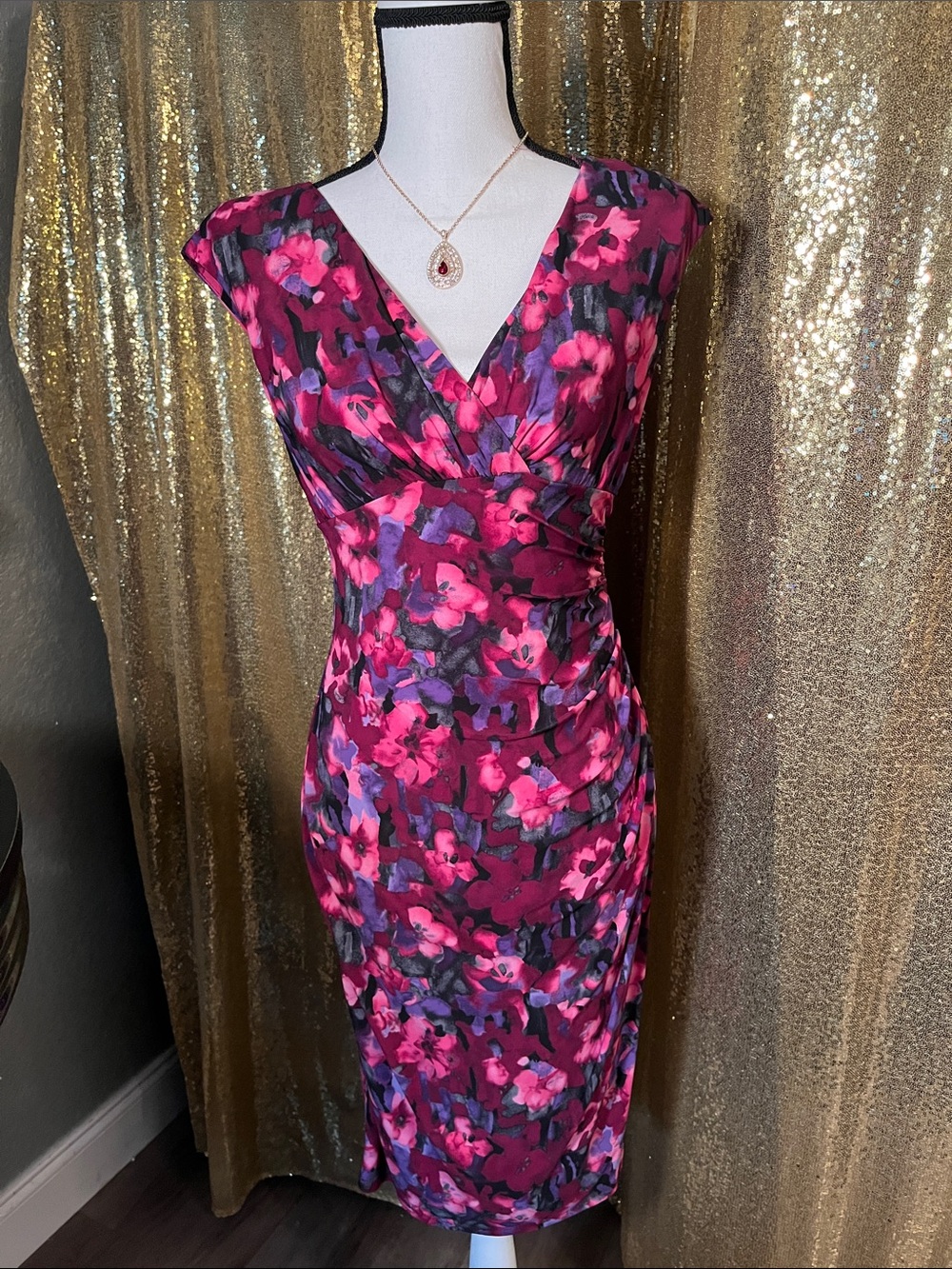 American Living Fuchsia Floral Midi Dress with V-Neck